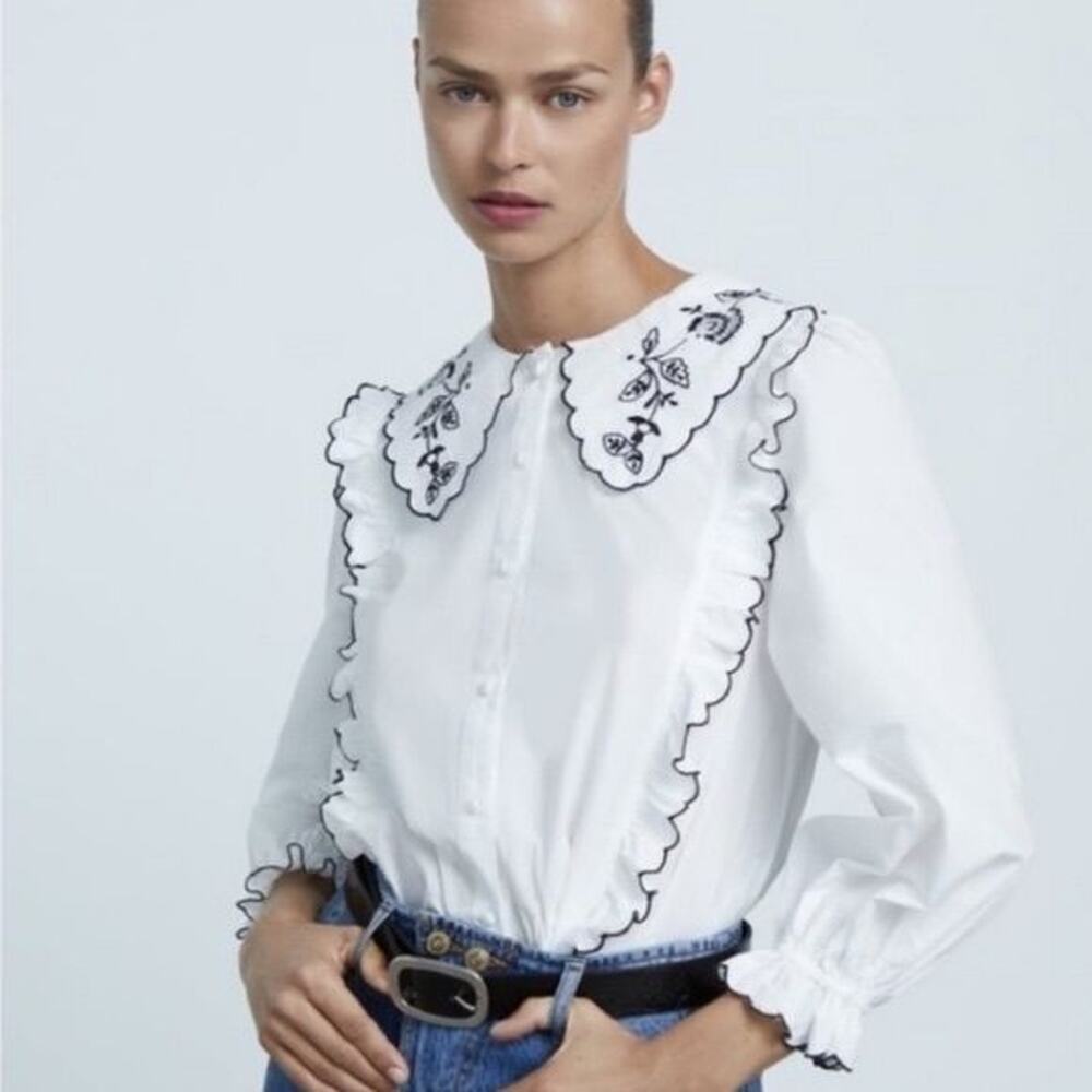 Zara Embroidered Poplin Top Size Small - Picture 3 of 6